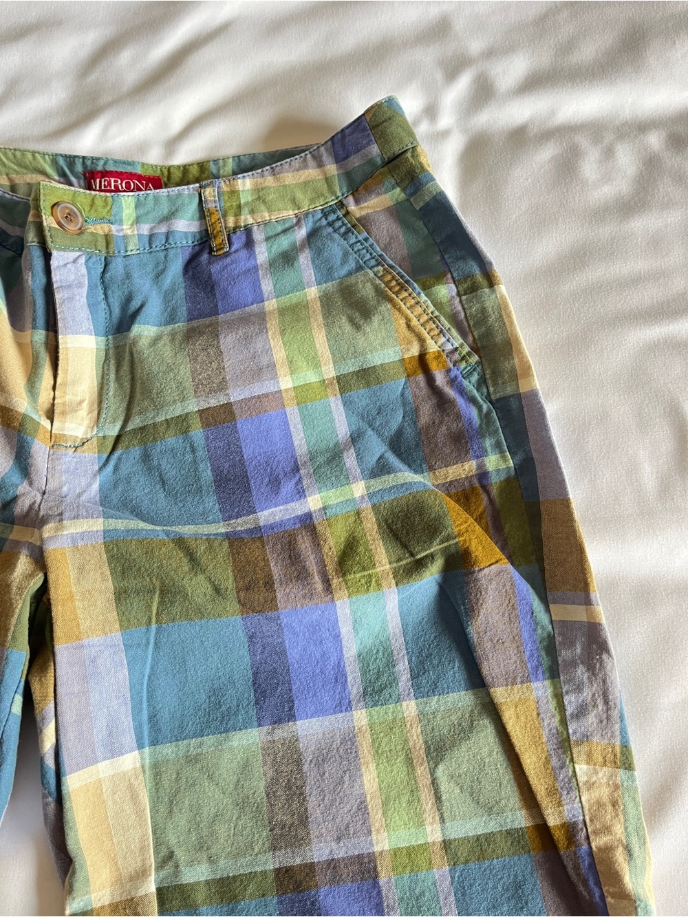 Merona Women Plaid Shorts Size 8 Cotton Blue Green Brown Casual Summer Chino - Picture 3 of 16